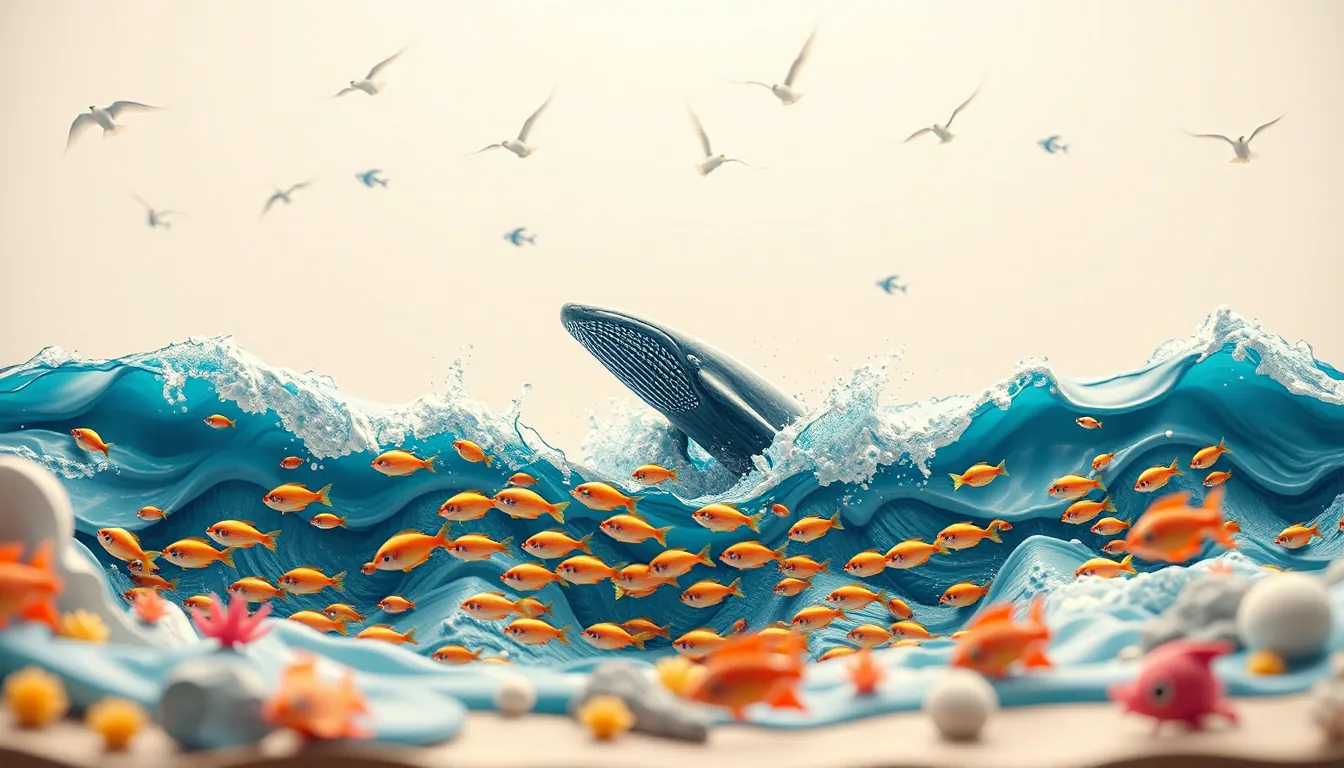 Great whales rising from the waves, fish beneath the surface, and birds flying overhead.