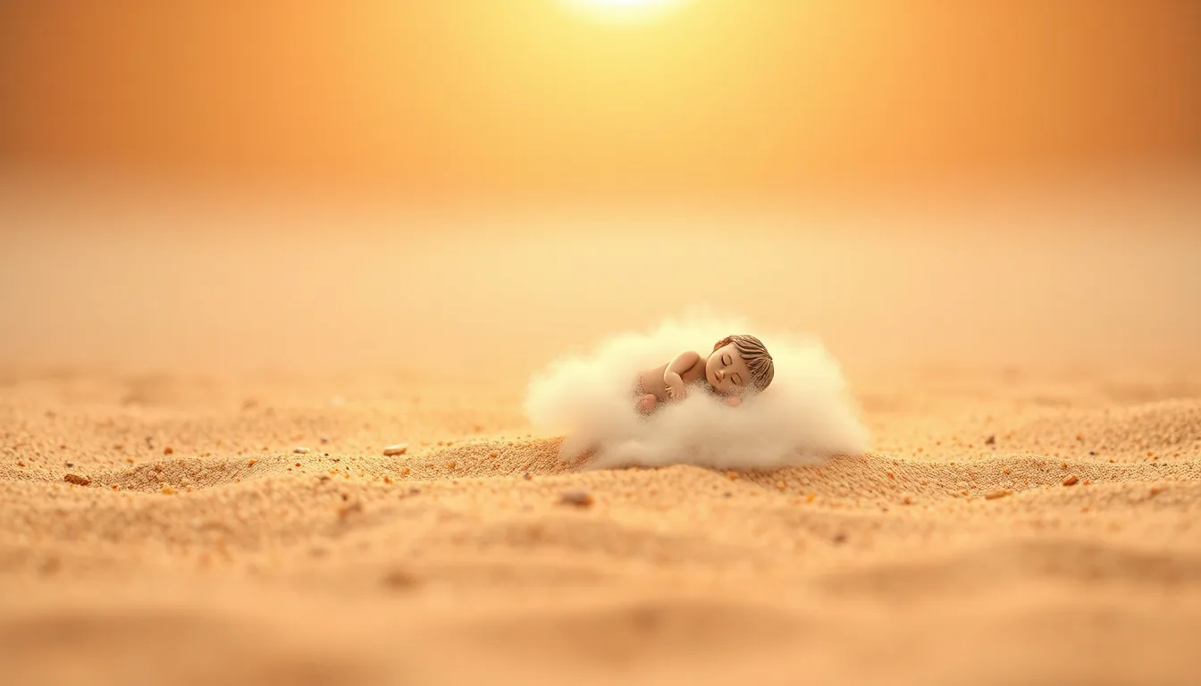 A beam of golden light shining down on a man formed from the dust of the ground, lying far away under drifting mist.