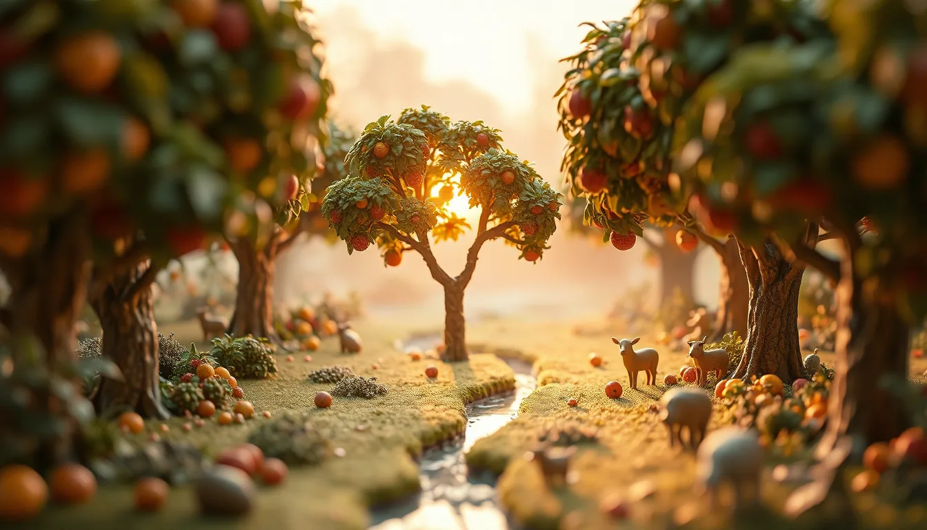 A lush garden of fruit trees at sunrise, with two special trees standing in the middle.