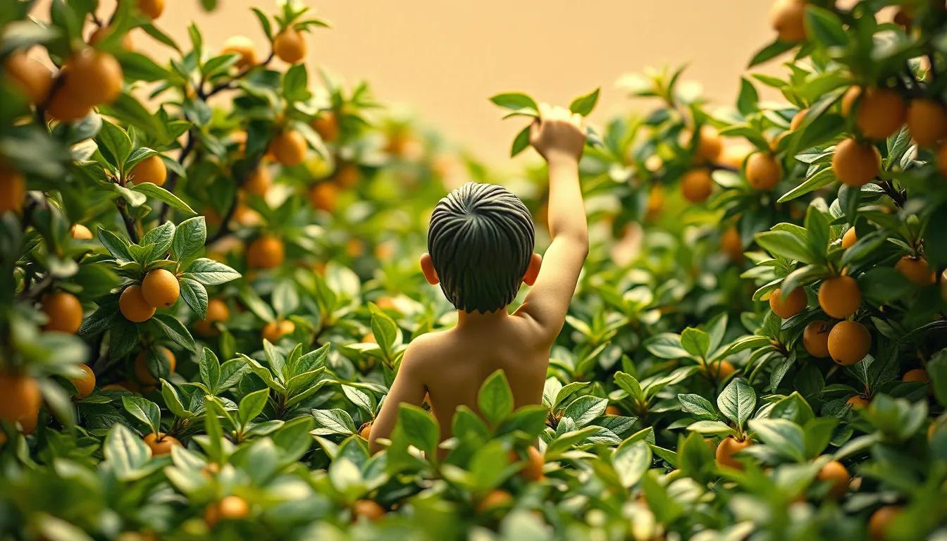 The man, far away and seen from behind among tall leafy plants, tending a fruit tree in the garden.