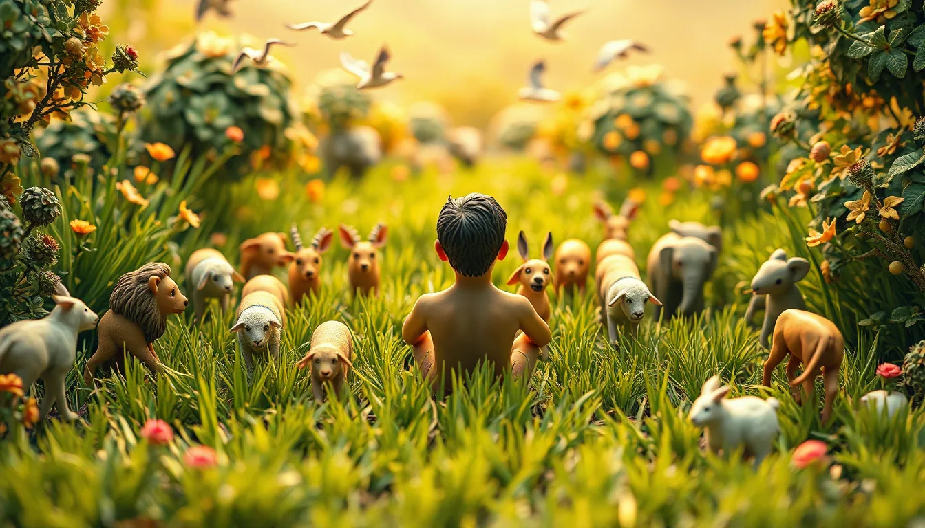 The man, seen from behind in tall grass, as animals of every kind and birds come before him.