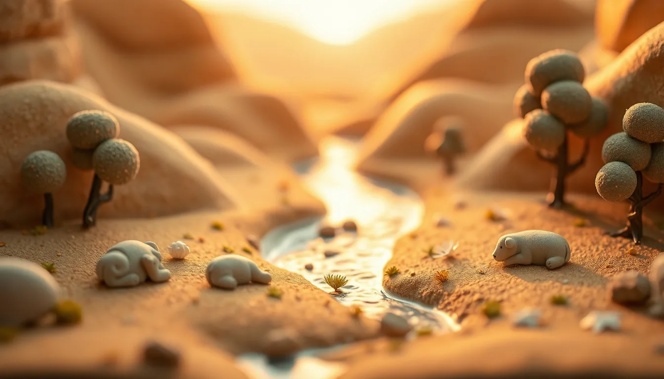 The finished world resting in soft golden evening light, with animals lying down to rest.
