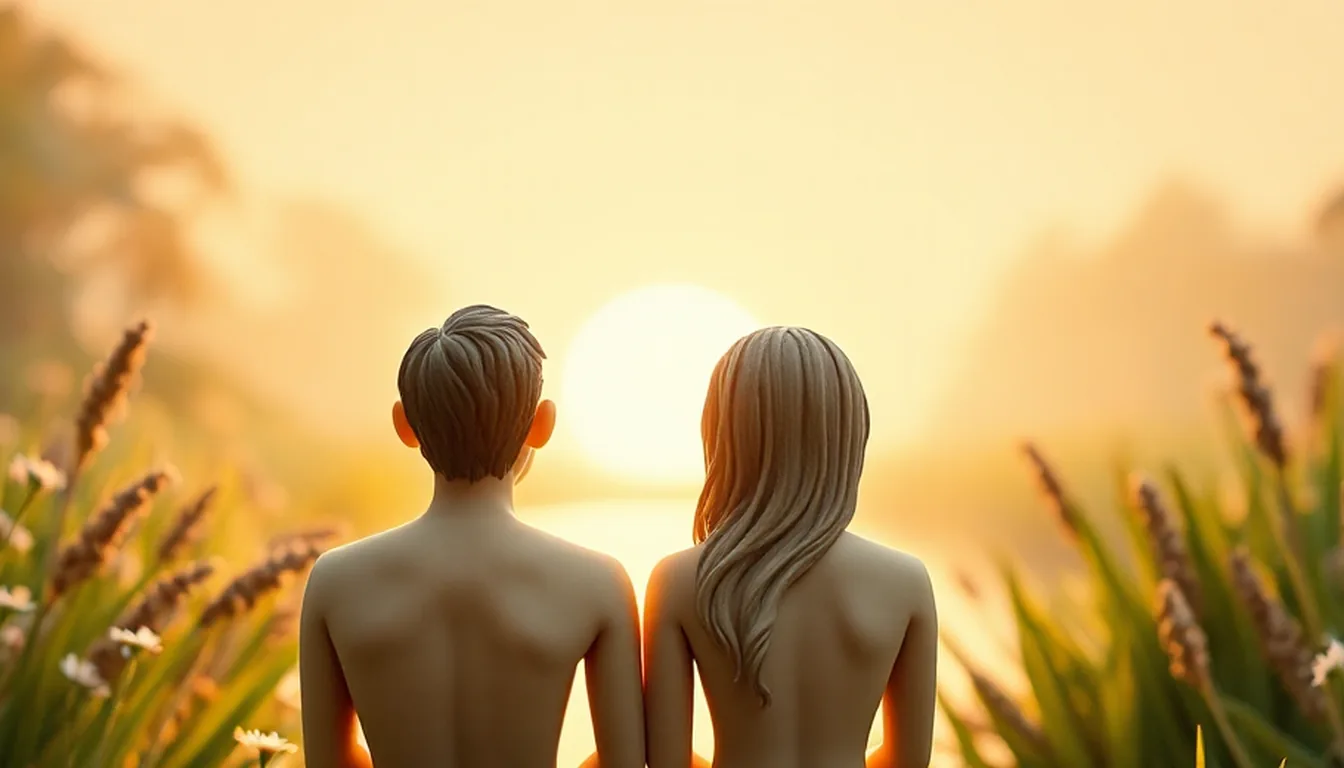 The man and the woman, seen from behind, head and shoulders only, looking toward the sunrise over a river in the garden.